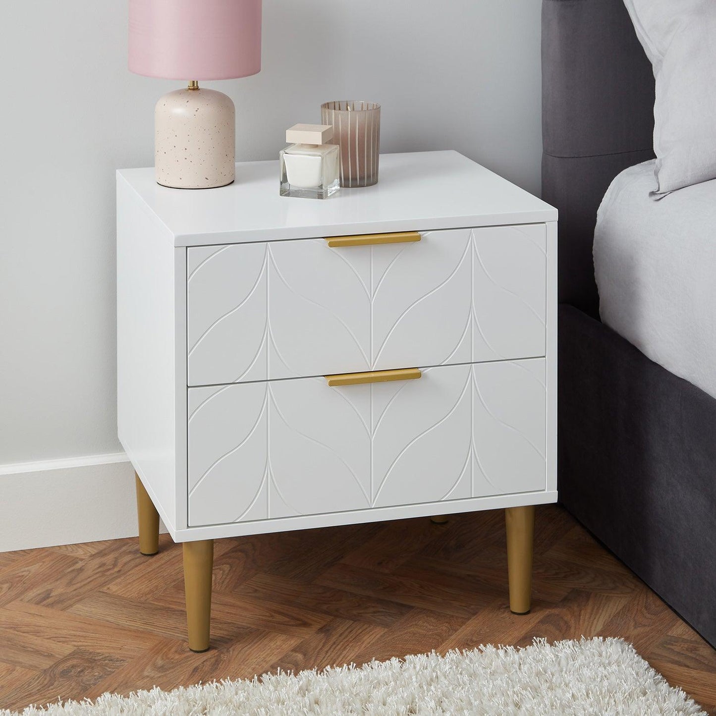 Gloria Bedside Table - White & Brass Effect