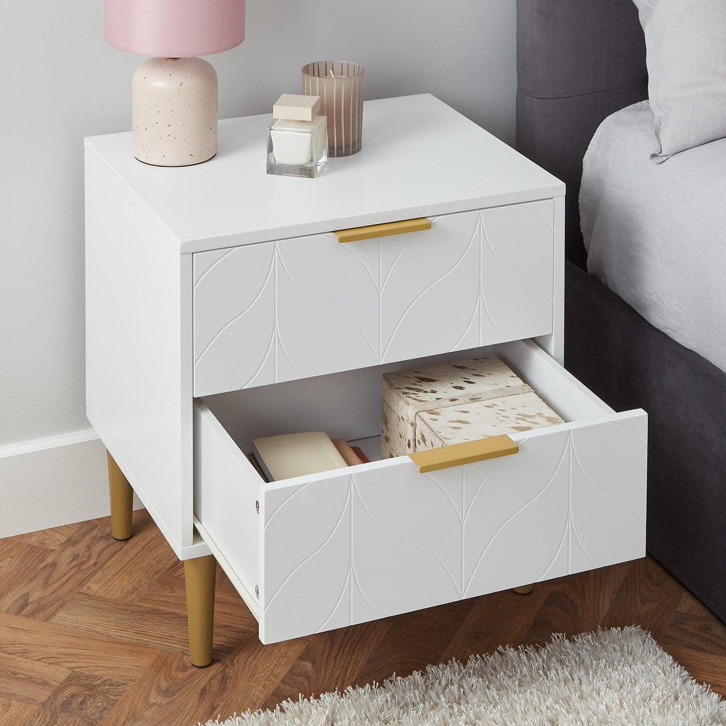Gloria Bedside Table - White & Brass Effect